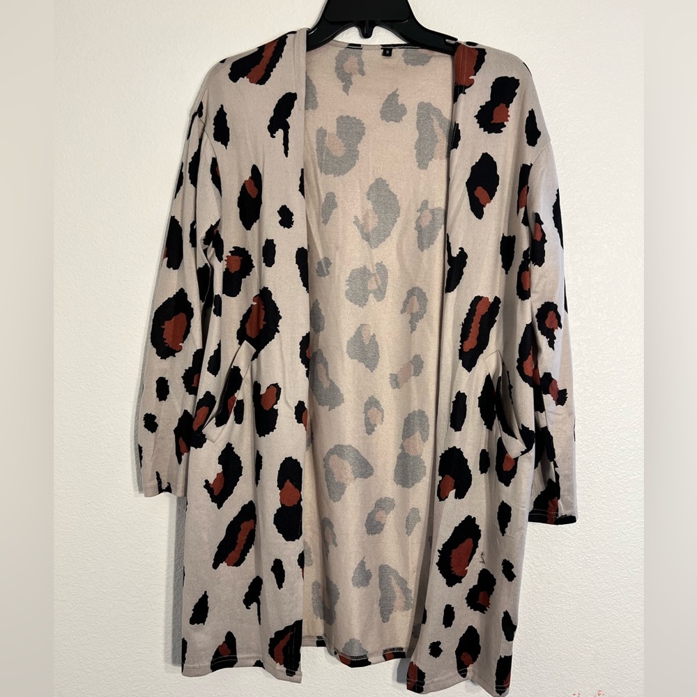 OUGES open front leopard print cardigan. Worn once. Nearly new.